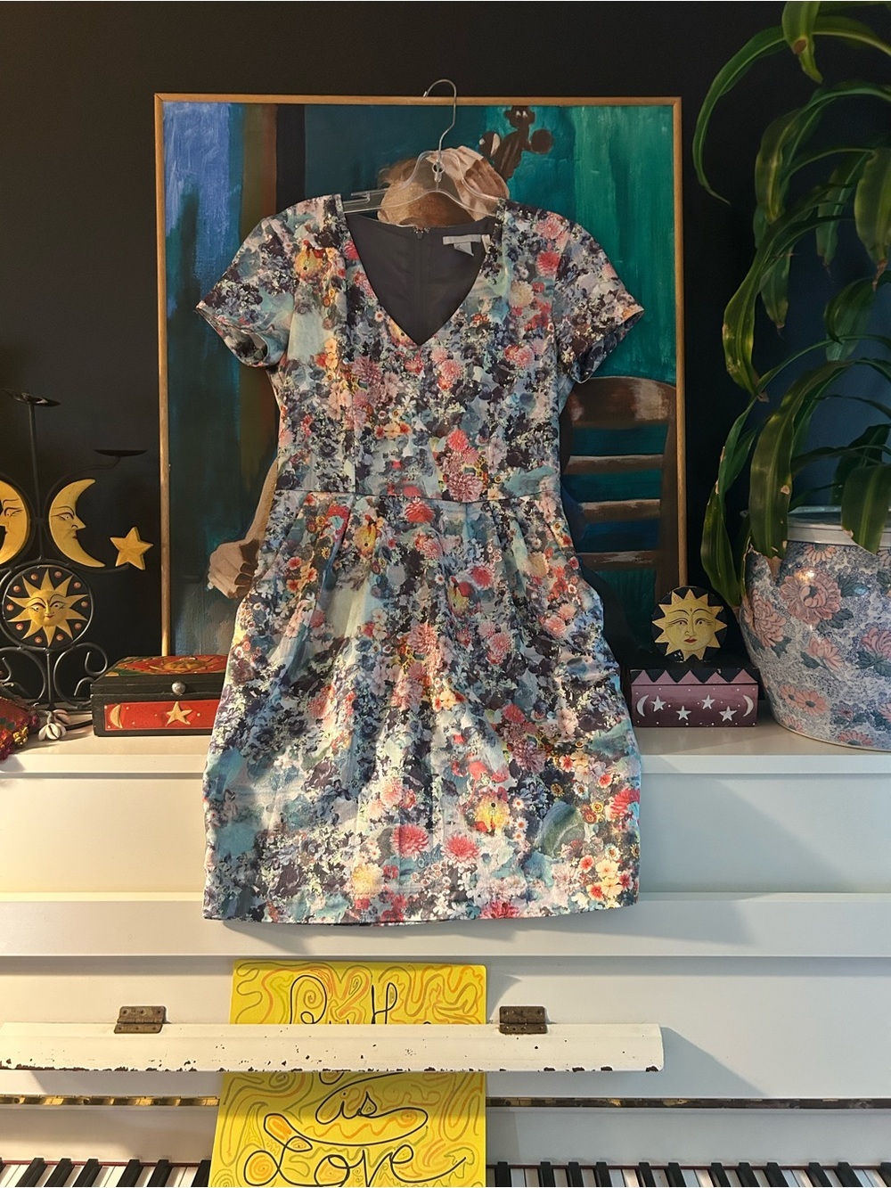 H&M Floral Fit & Flare Dress Blue Watercolor V Neck Mini Dress Size 6
